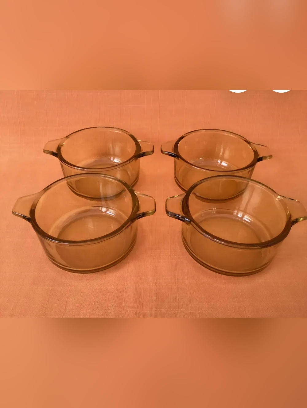 1970s Amber Glass Soup Bowls with Handles Retro Pyr-O-Rey (Set of 4) - Picture 4 of 4